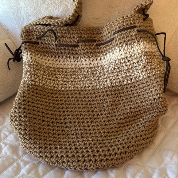 Handmade Handbags - Hand Crafted Knitted Bucket Bag with Leather Rope Design